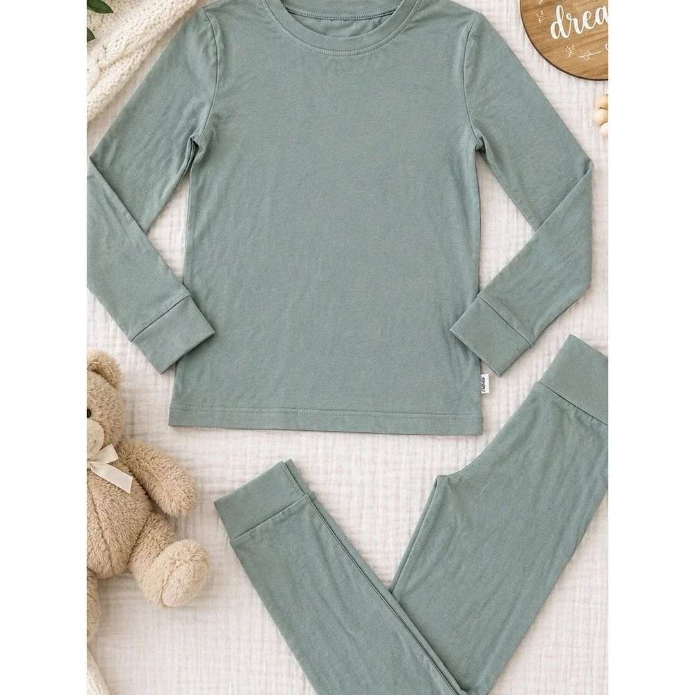 Little Sleepies Bamboo Pajama Set Sage Green Kids Size 5/6 Two Piece FLAWED